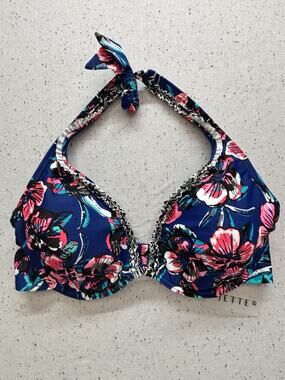 JETTE MixKini Underwire Halter Bikini Top 40D Navy Blue Pink Floral Ruffle NWT